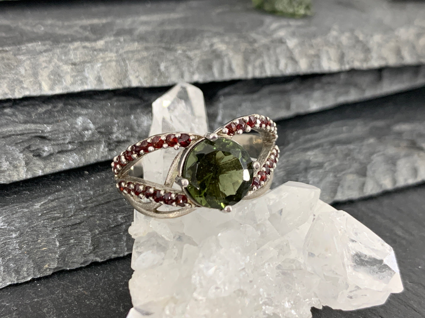 "Mira" Ring- Moldavite & Garnet size 8.75