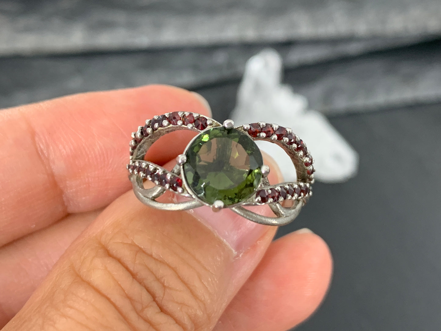 "Mira" Ring- Moldavite & Garnet size 8.75