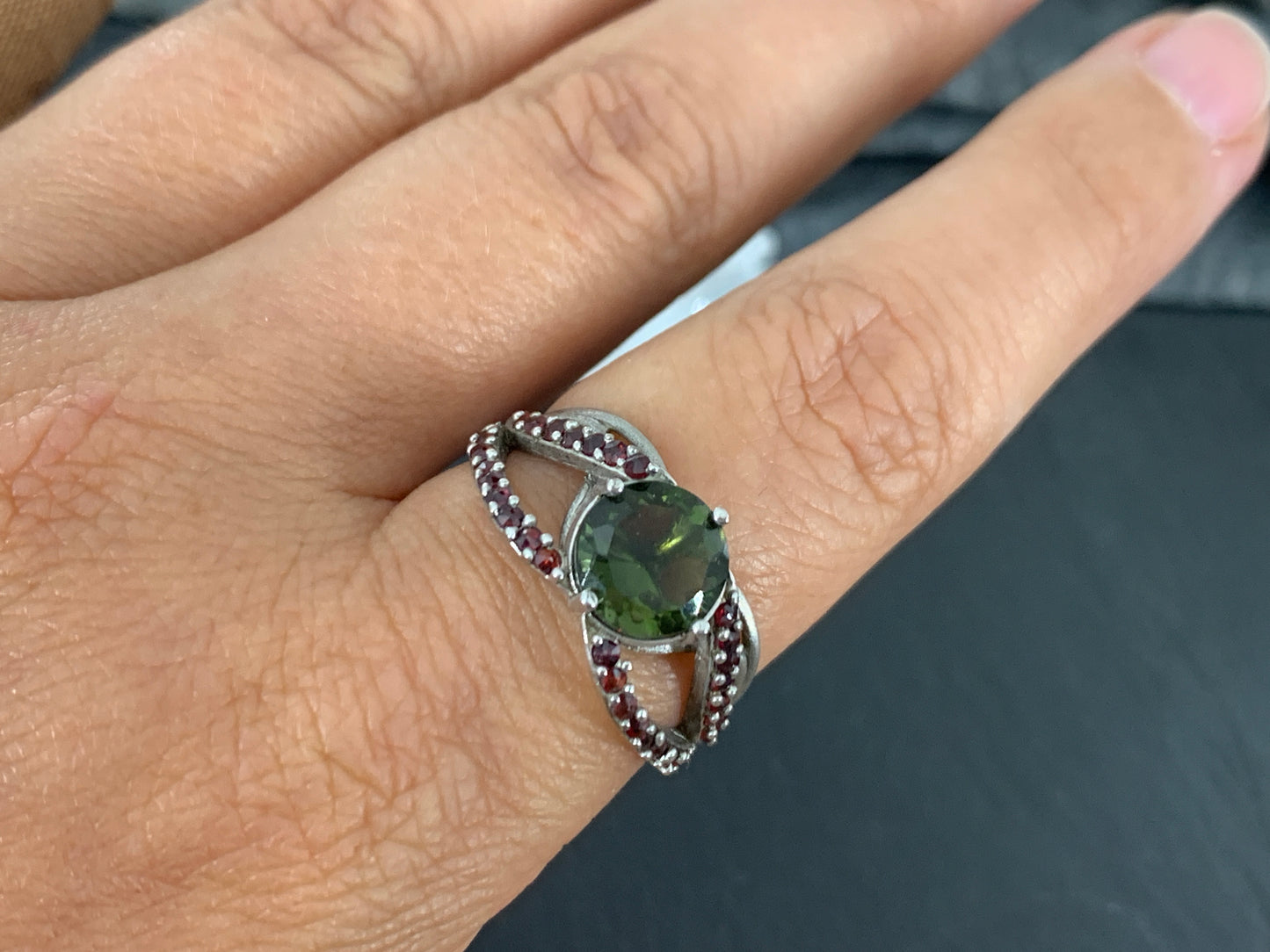 "Mira" Ring- Moldavite & Garnet size 8.75