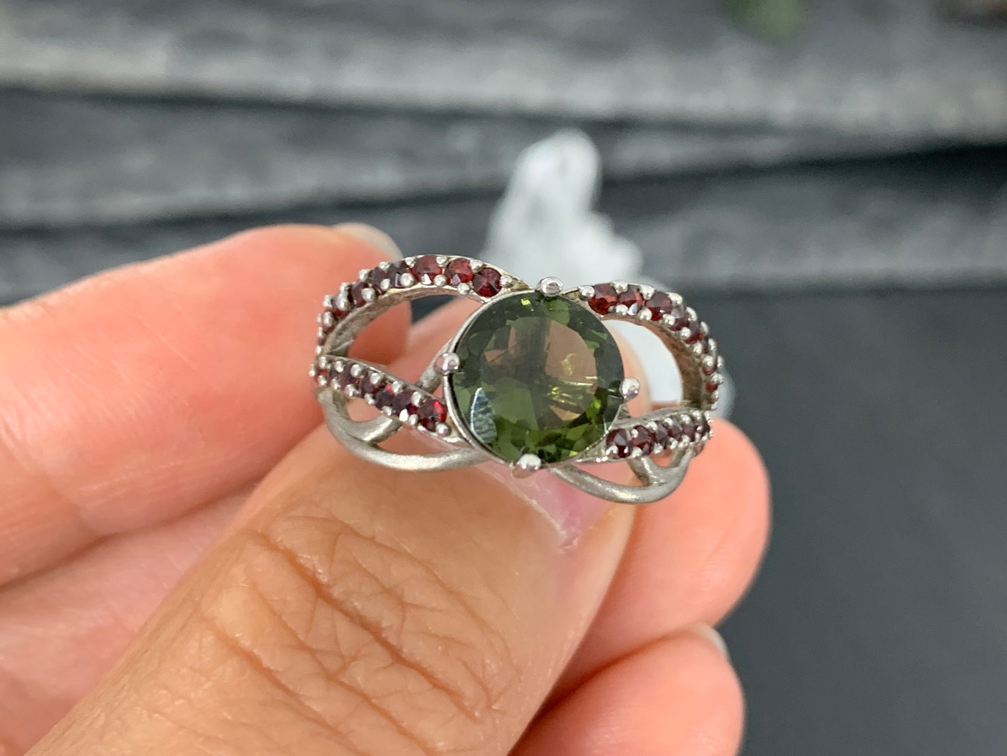 "Mira" Ring- Moldavite & Garnet size 8.75