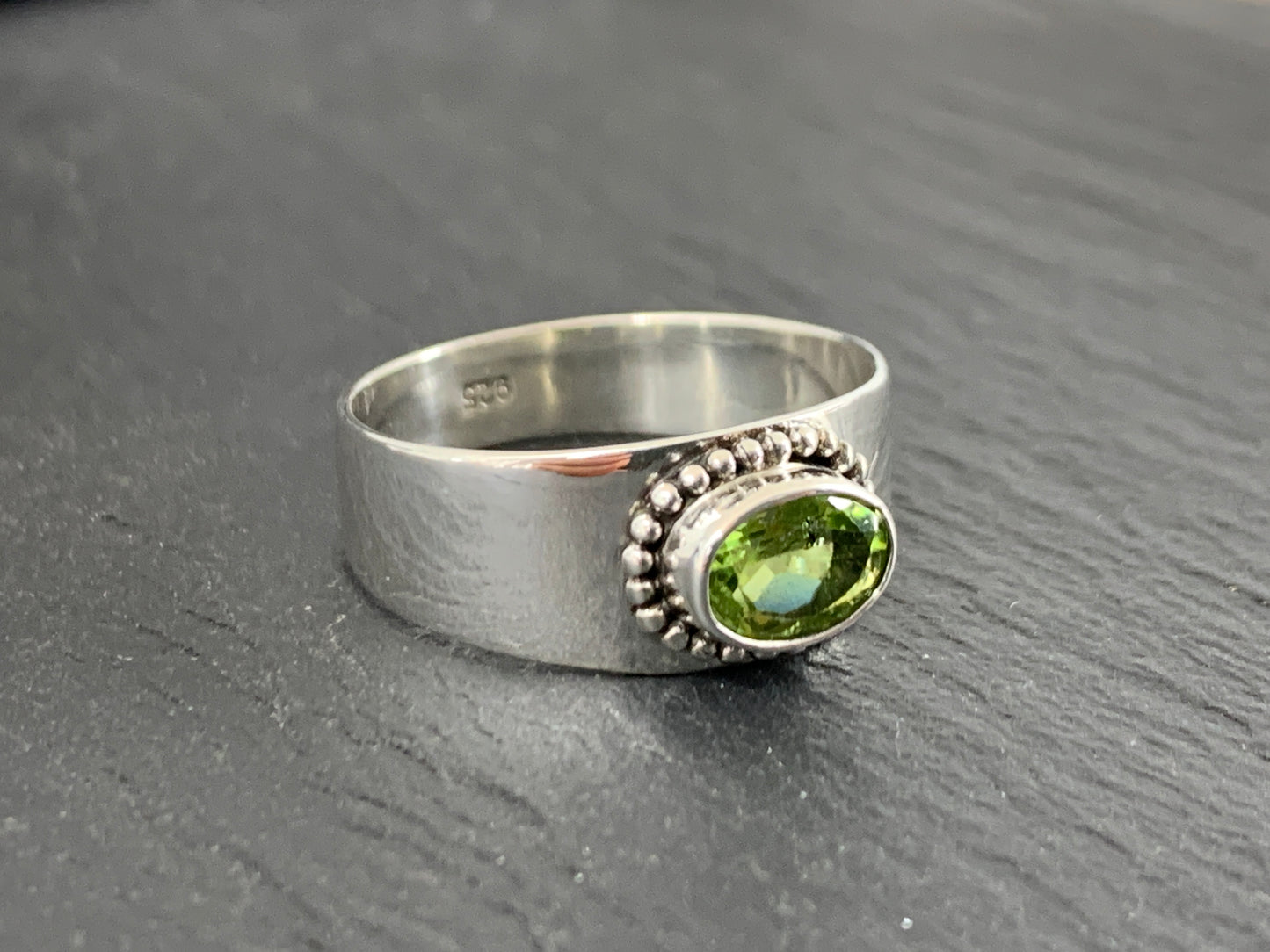 Sterling Silver Peridot Ring - Wide Band Statement Ring size 8US