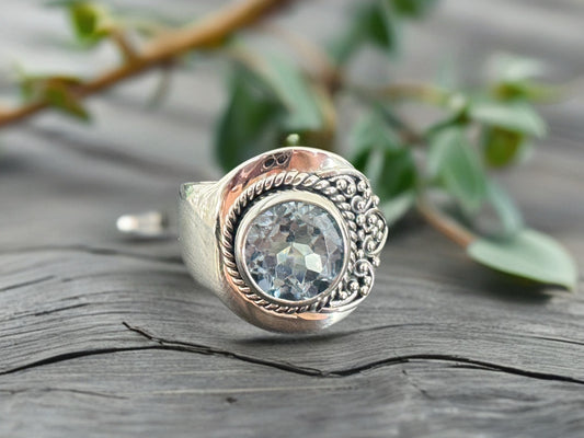Sterling Silver Topaz Ring - Wide Band Statement Ring size