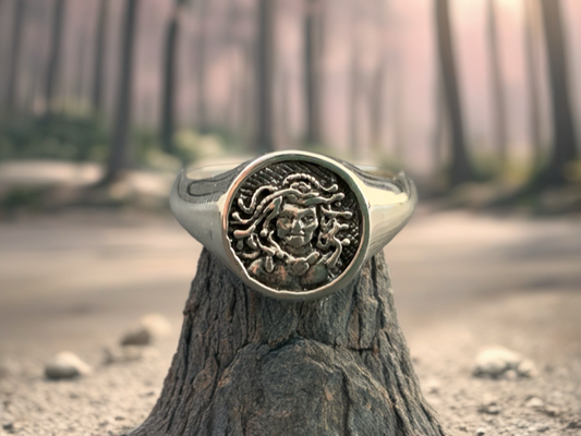 Sterling Silver Medusa Ring – Greek Mythology Jewelry, Ancient Coin Style Ring, Handmade Snake Goddess Signet Ring