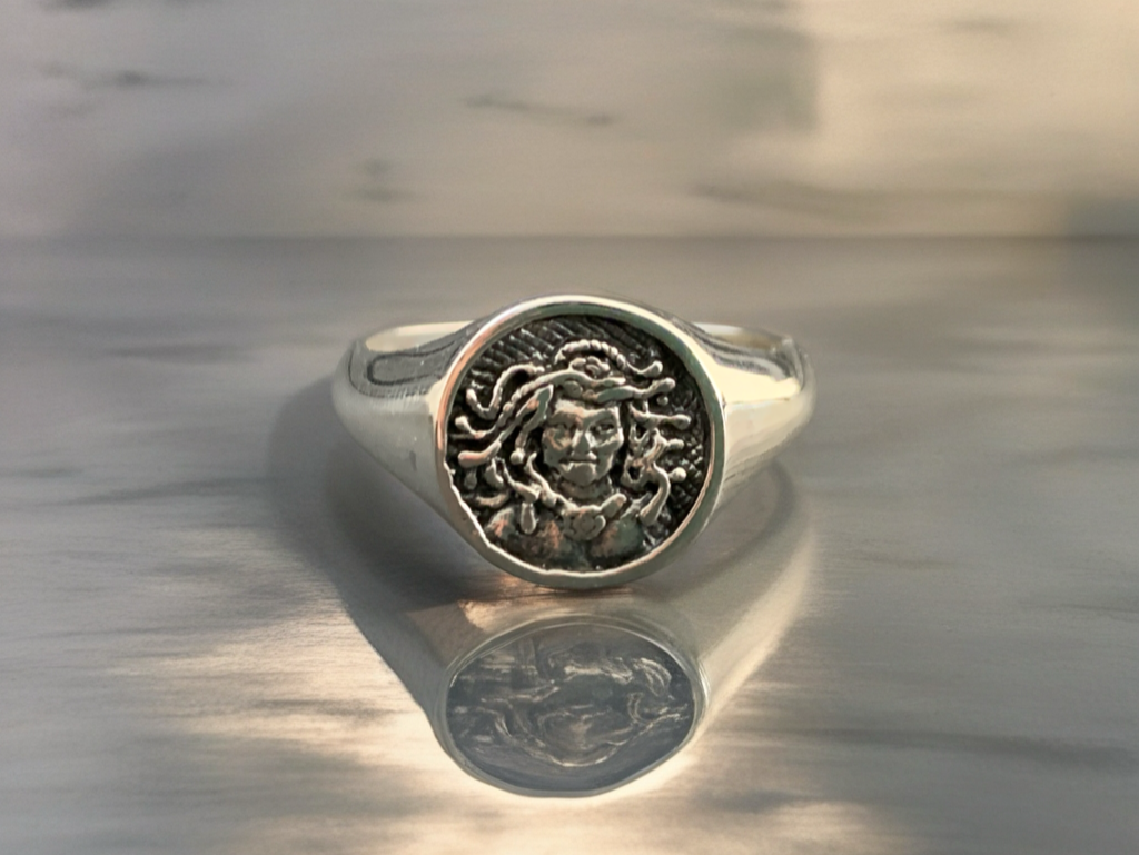 Sterling Silver Medusa Ring – Greek Mythology Jewelry, Ancient Coin Style Ring, Handmade Snake Goddess Signet Ring