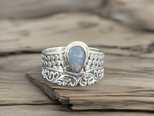 Sterling Silver Australian Opal Ring - Wide Band Statement Ring - size 6 US