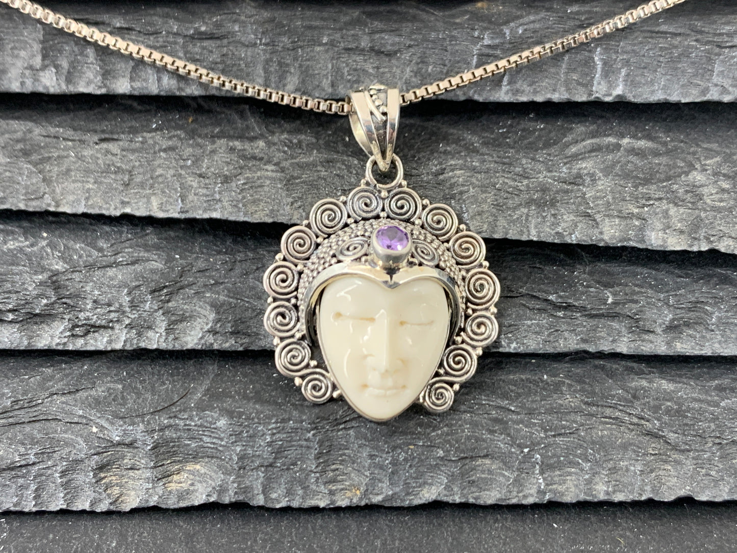 Sterling Silver Goddess Face Pendant with Amethyst