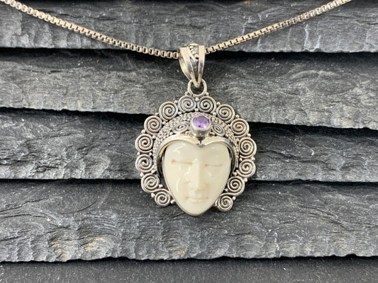 Sterling Silver Goddess Face Pendant with Amethyst