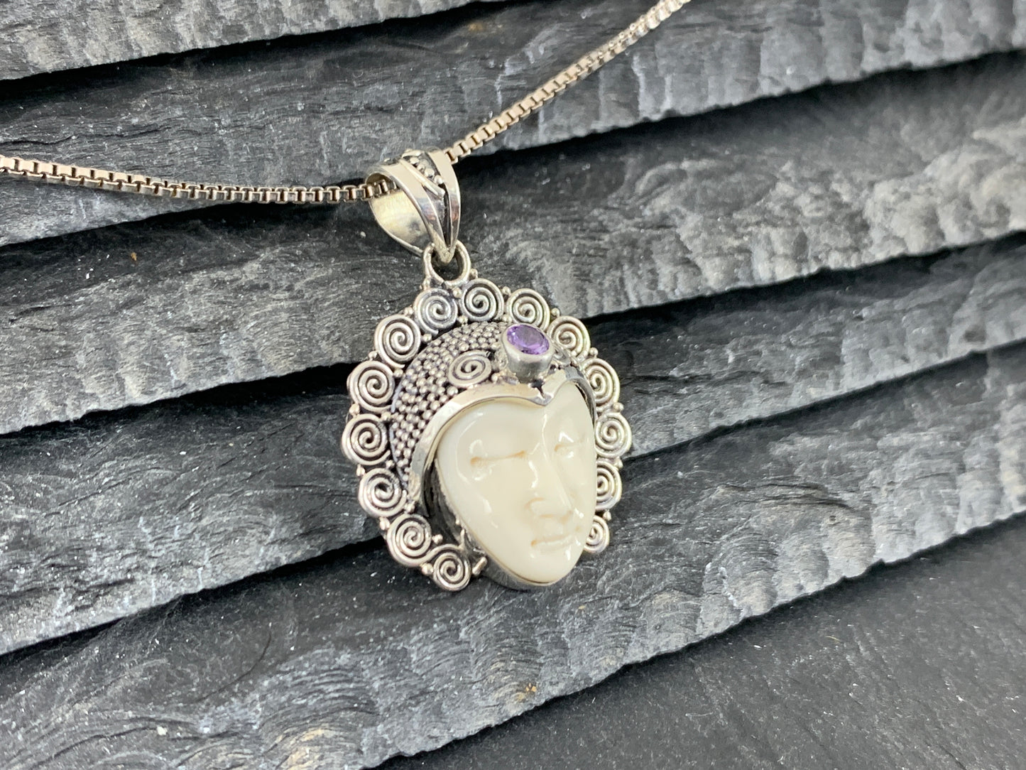Sterling Silver Goddess Face Pendant with Amethyst