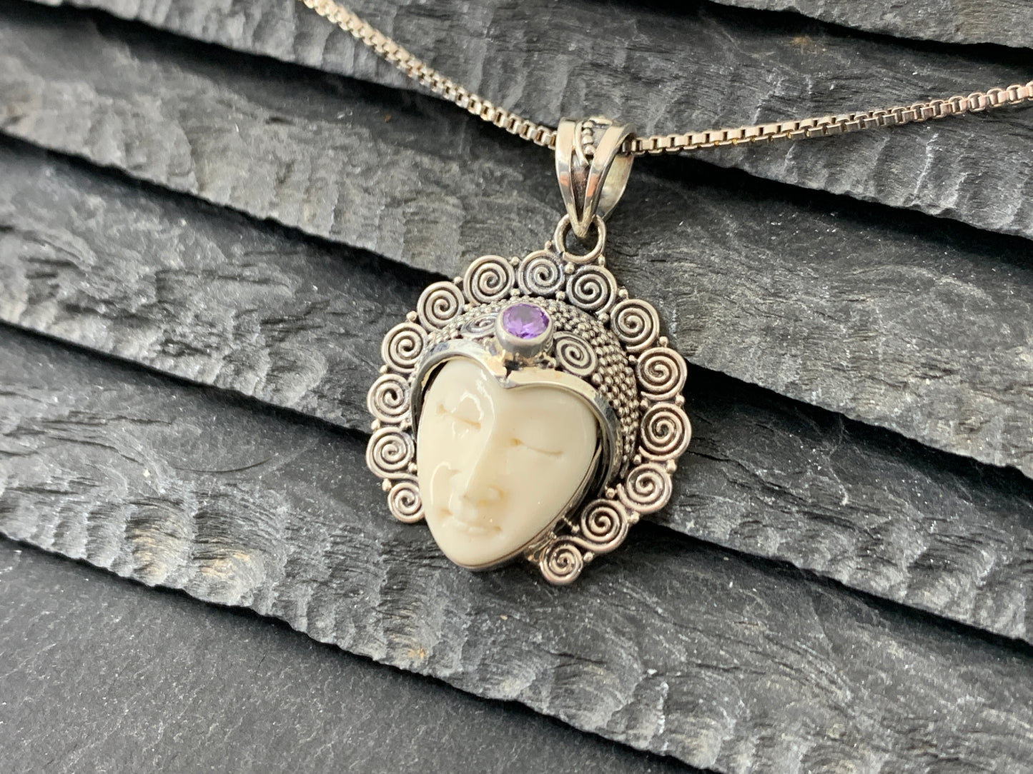 Sterling Silver Goddess Face Pendant with Amethyst
