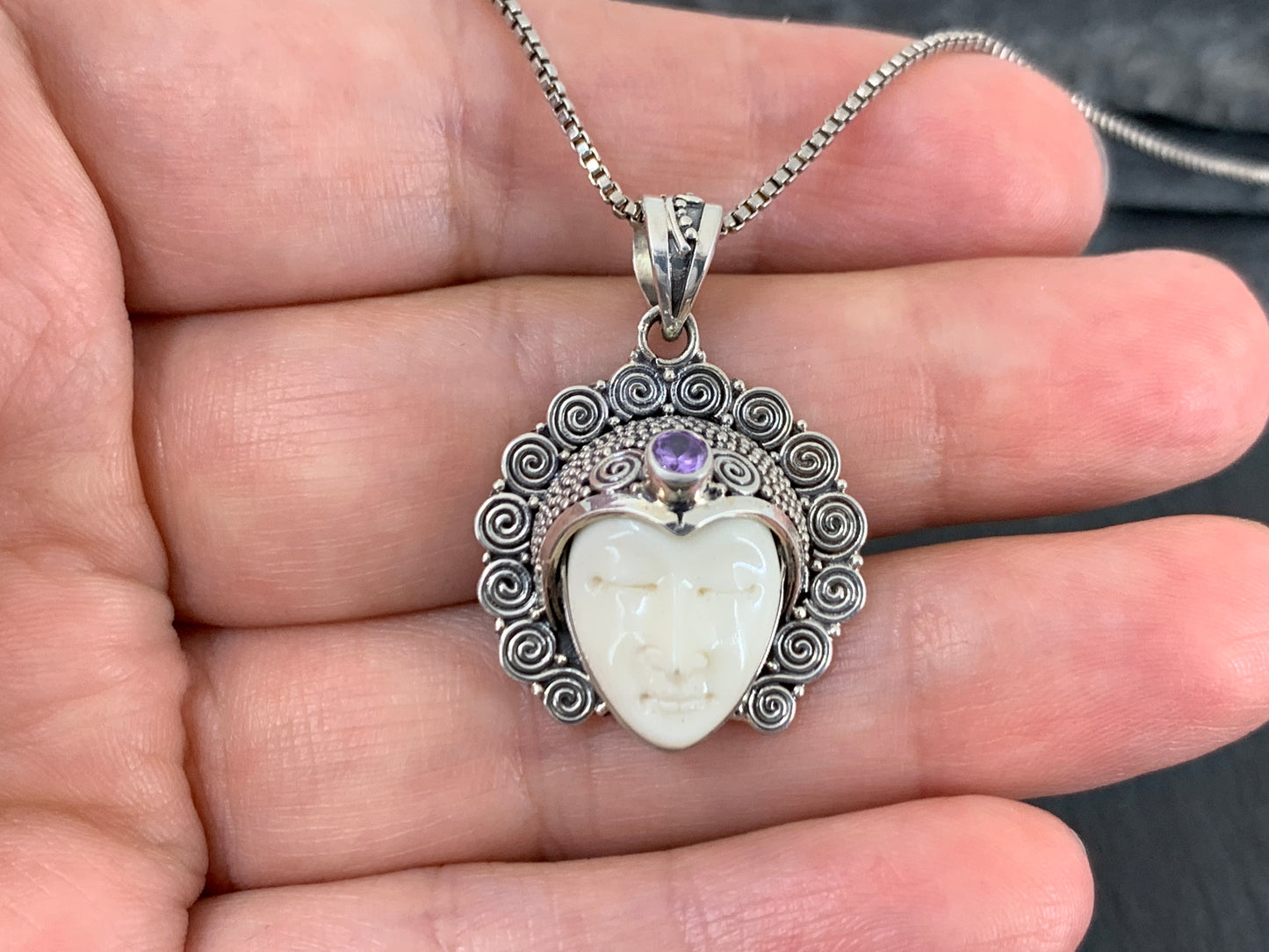 Sterling Silver Goddess Face Pendant with Amethyst