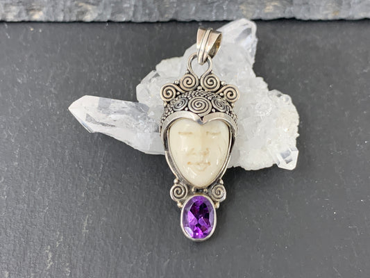 Sterling Silver Goddess Face Pendant with Amethyst