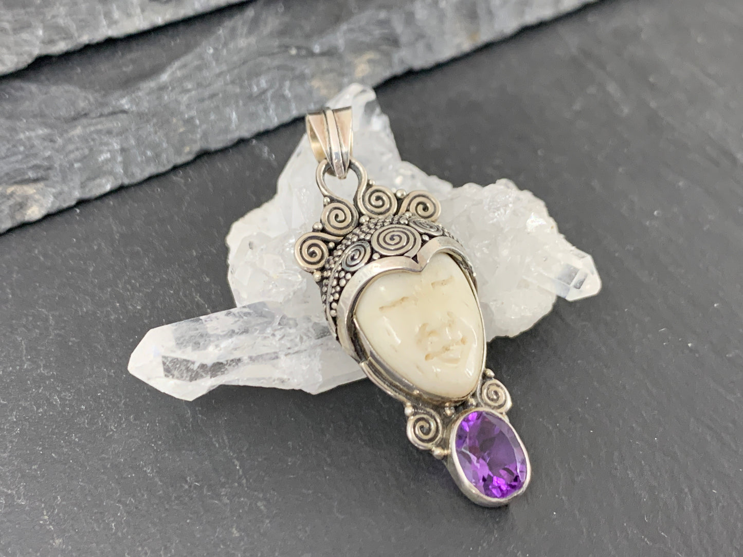 Sterling Silver Goddess Face Pendant with Amethyst