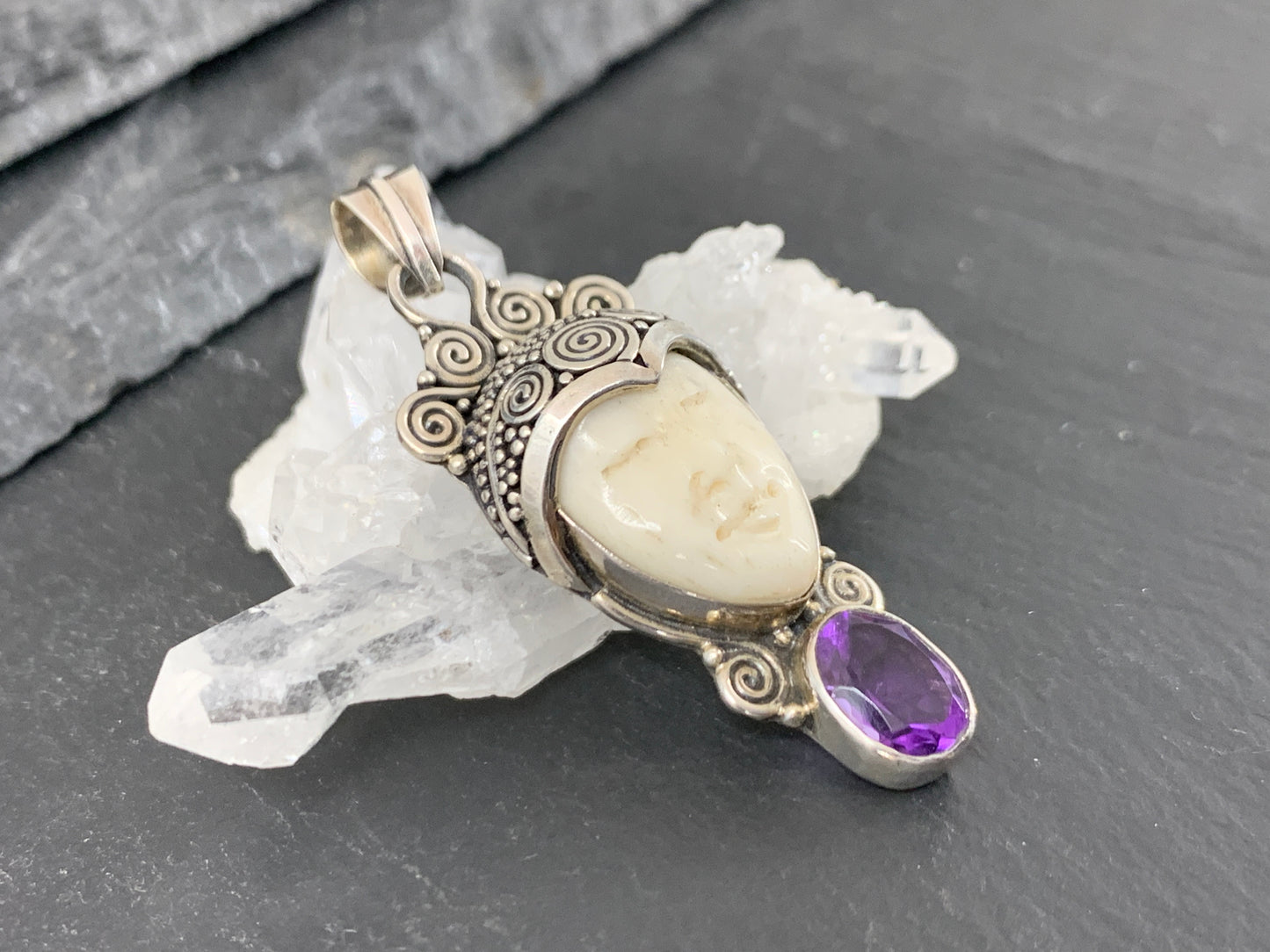 Sterling Silver Goddess Face Pendant with Amethyst