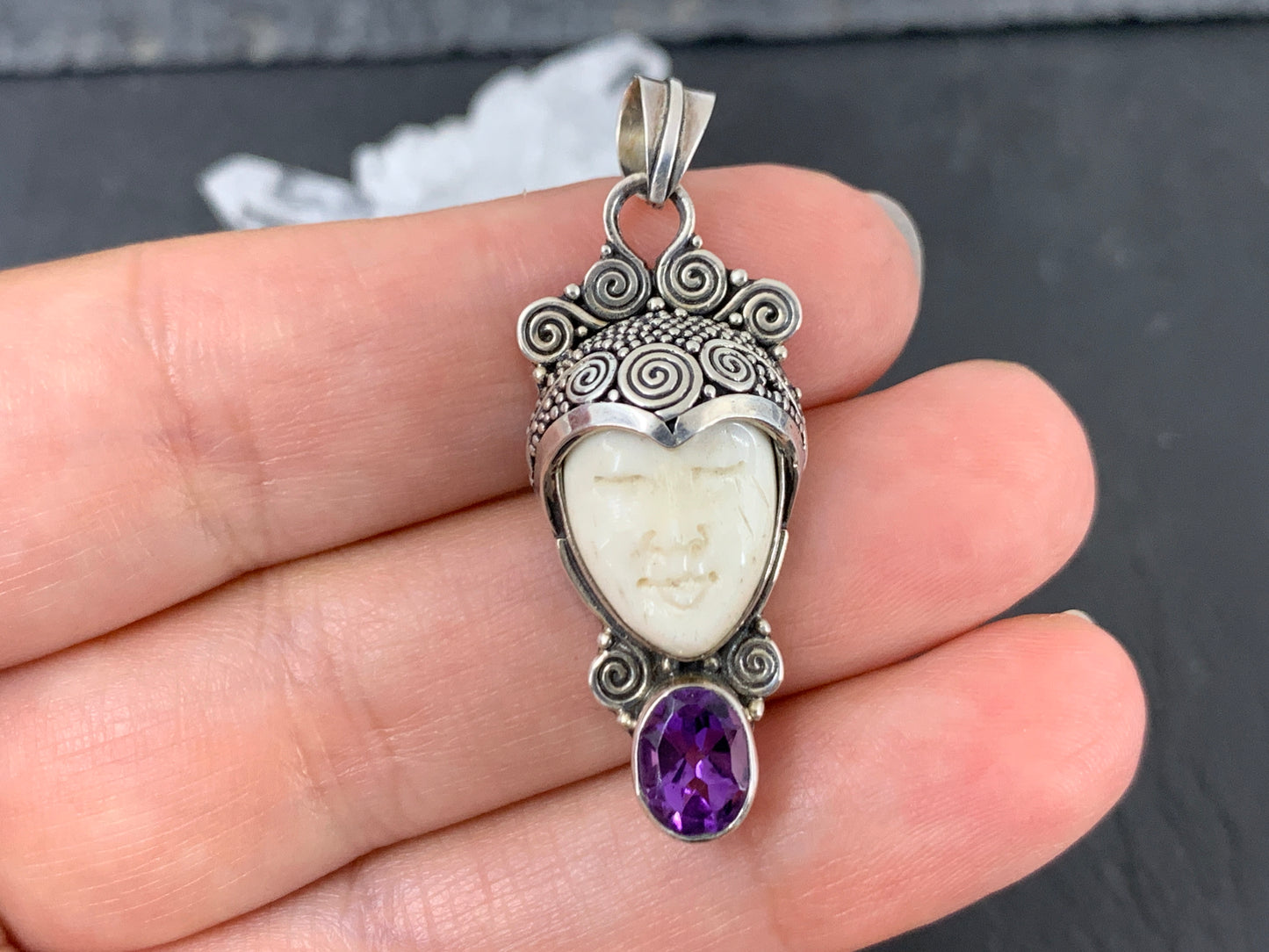 Sterling Silver Goddess Face Pendant with Amethyst