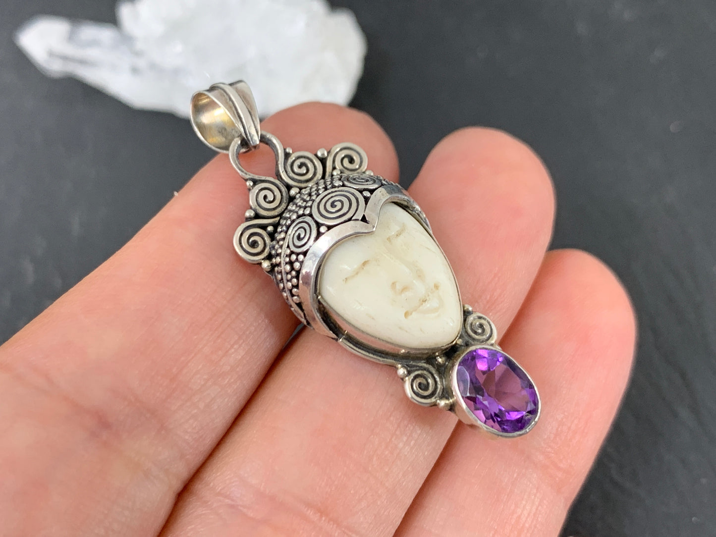 Sterling Silver Goddess Face Pendant with Amethyst