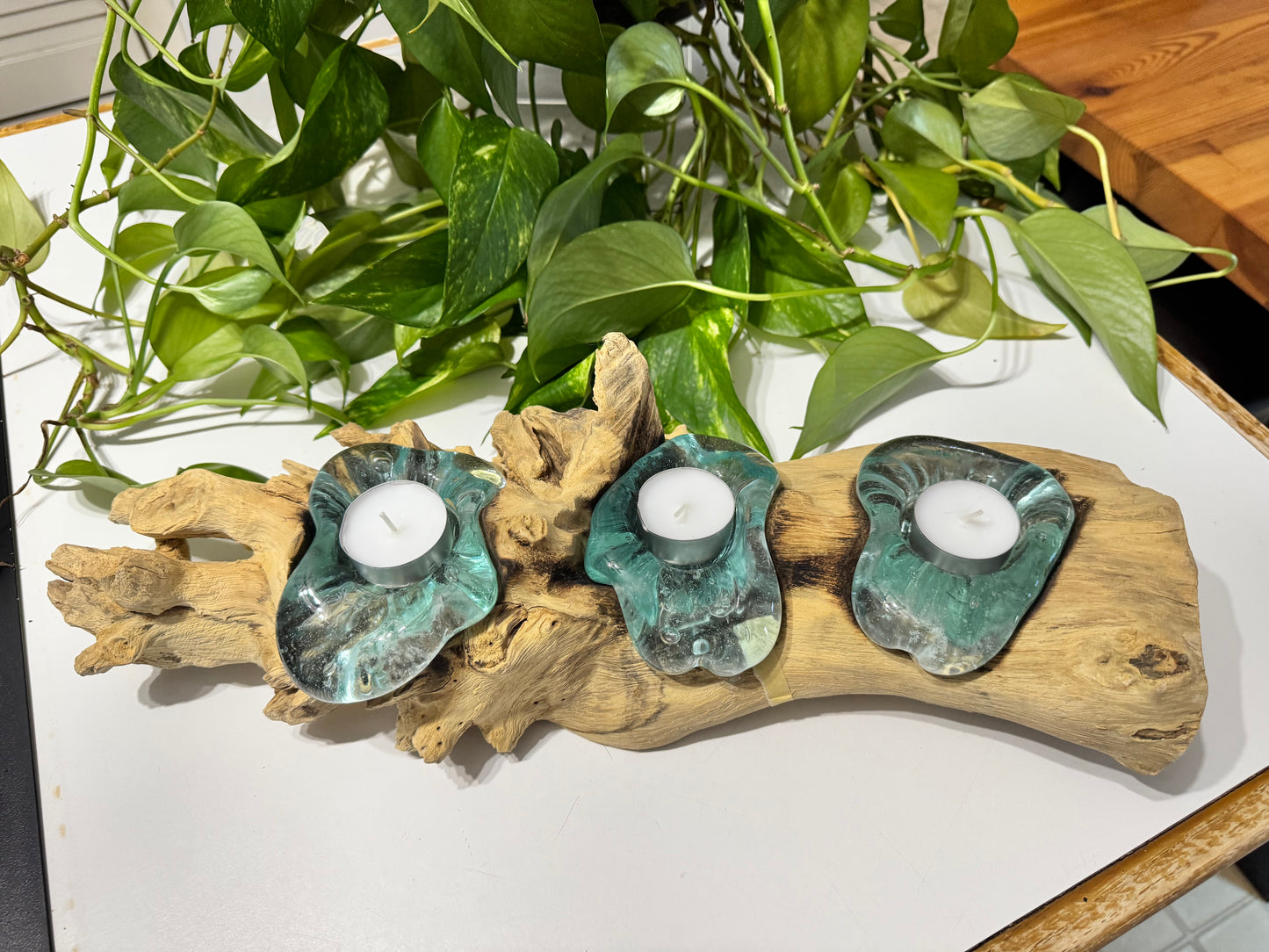 Handcrafted Driftwood & Glass Tealight Candle Holder