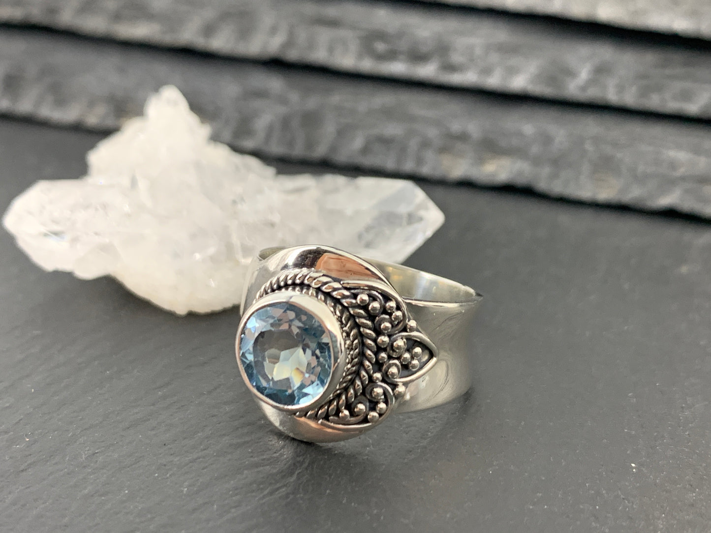 Sterling Silver Topaz Ring - Wide Band Statement Ring size