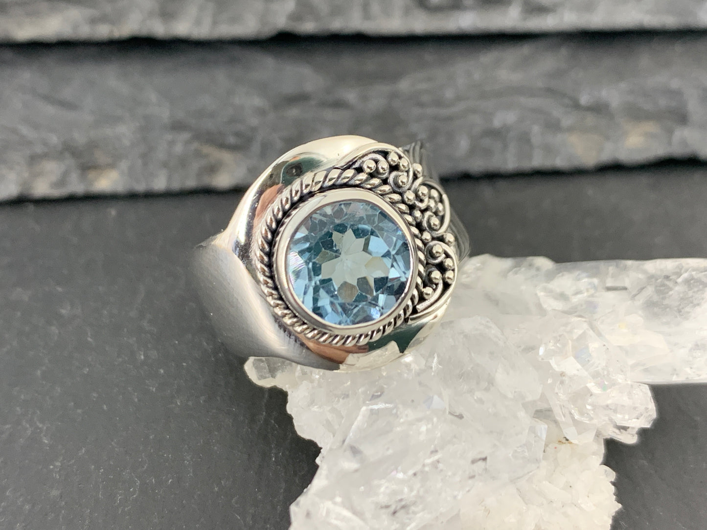 Sterling Silver Topaz Ring - Wide Band Statement Ring size