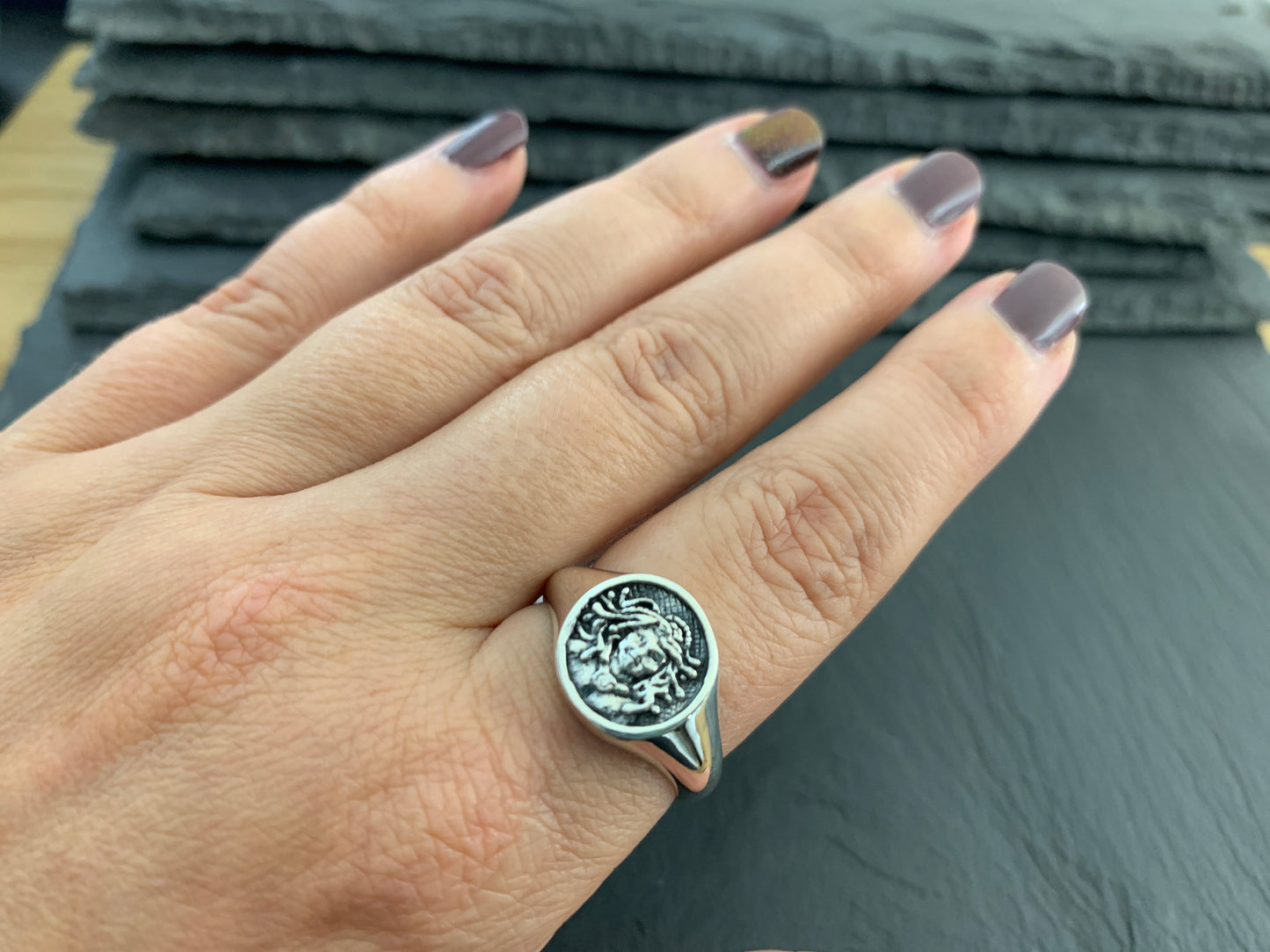 Sterling Silver Medusa Ring – Greek Mythology Jewelry, Ancient Coin Style Ring, Handmade Snake Goddess Signet Ring