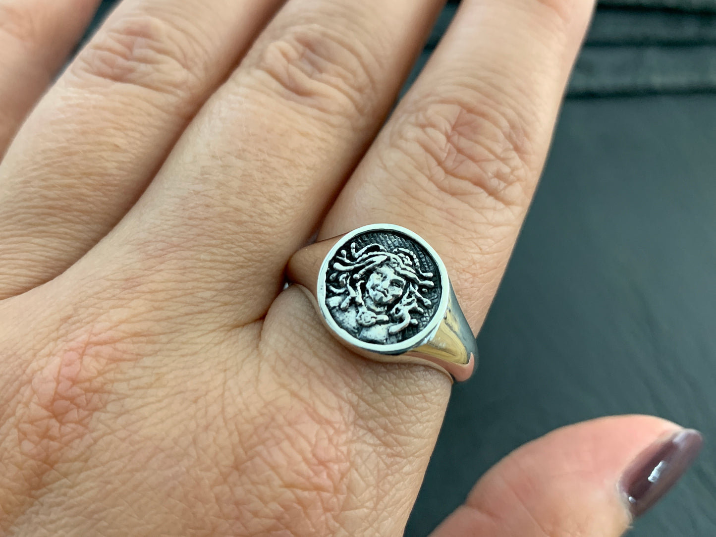 Sterling Silver Medusa Ring – Greek Mythology Jewelry, Ancient Coin Style Ring, Handmade Snake Goddess Signet Ring