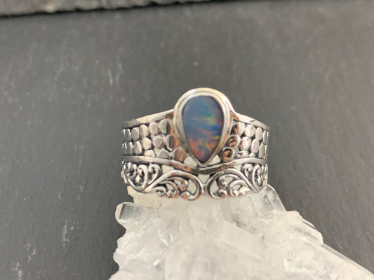 Sterling Silver Australian Opal Ring - Wide Band Statement Ring - size 8 US