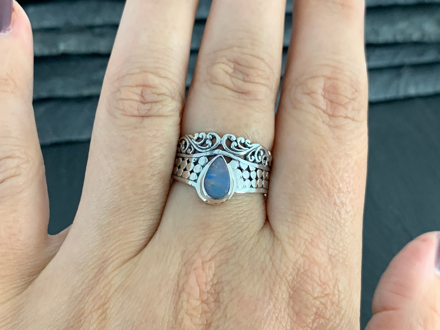 Sterling Silver Australian Opal Ring - Wide Band Statement Ring - size 8 US