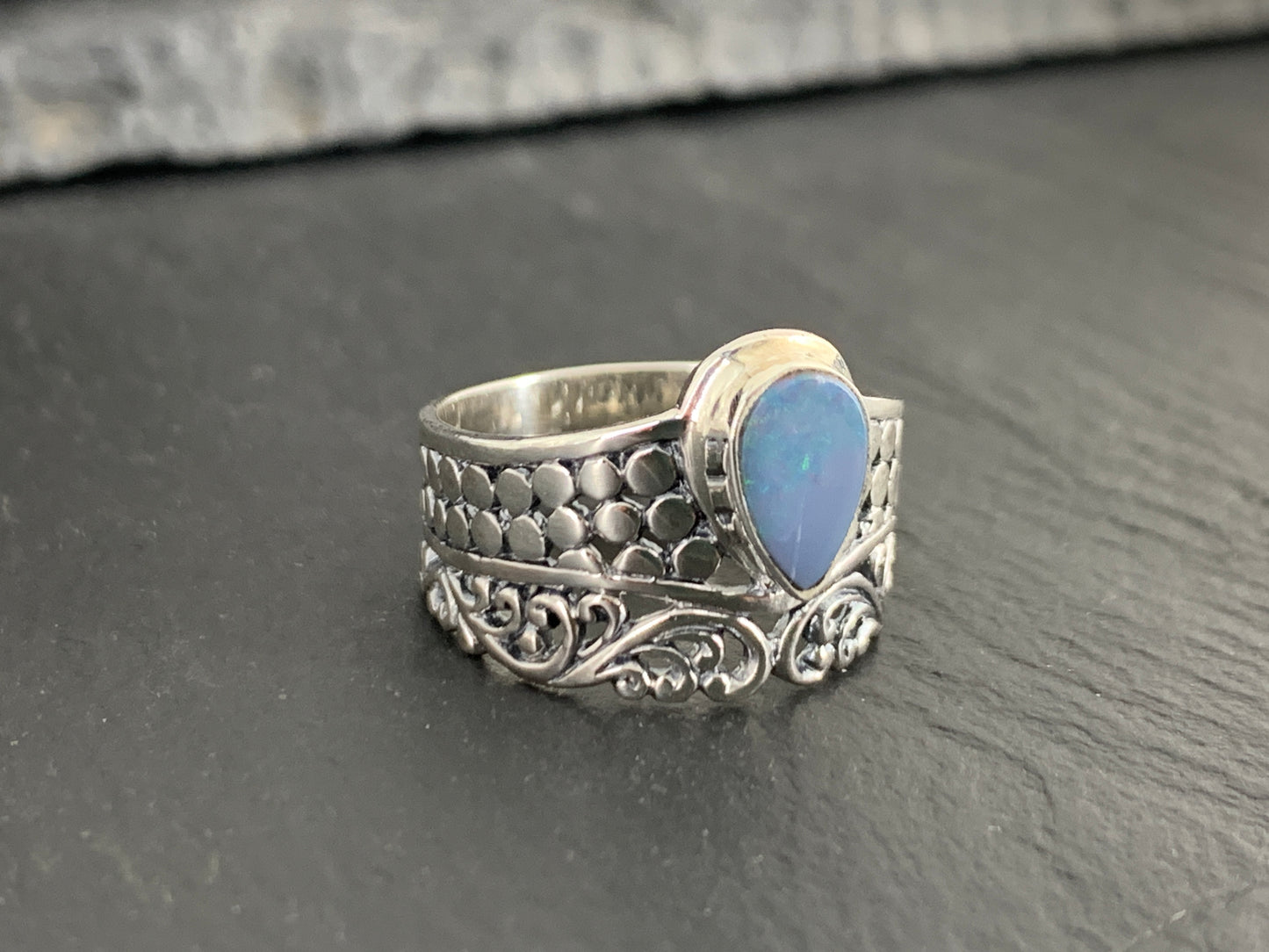 Sterling Silver Australian Opal Ring - Wide Band Statement Ring - size 6 US