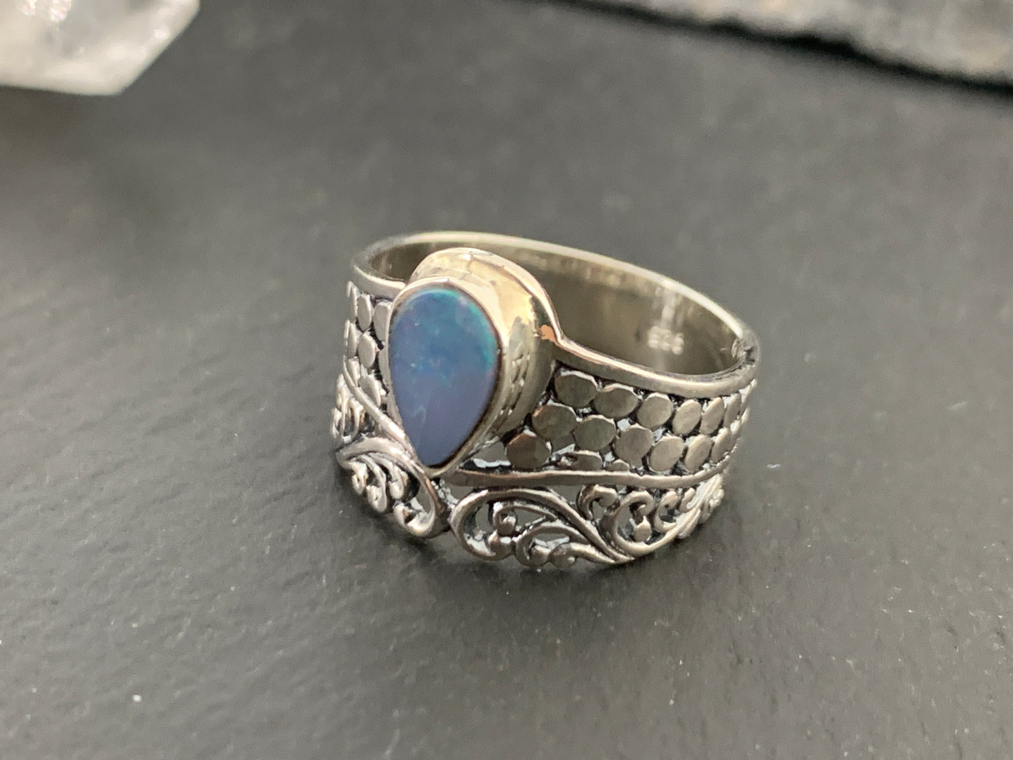Sterling Silver Australian Opal Ring - Wide Band Statement Ring - size 6 US