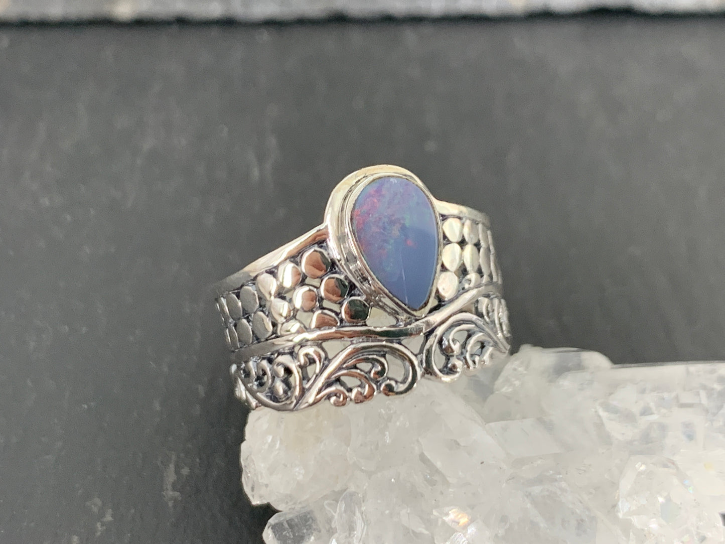 Sterling Silver Australian Opal Ring - Wide Band Statement Ring - size 6 US