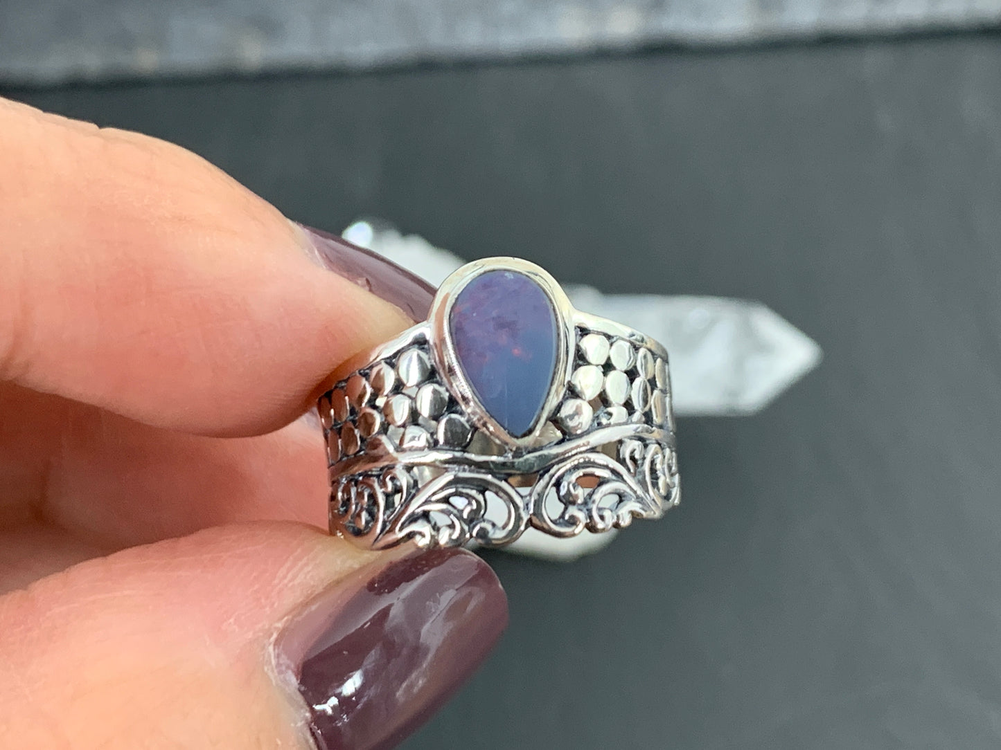 Sterling Silver Australian Opal Ring - Wide Band Statement Ring - size 6 US
