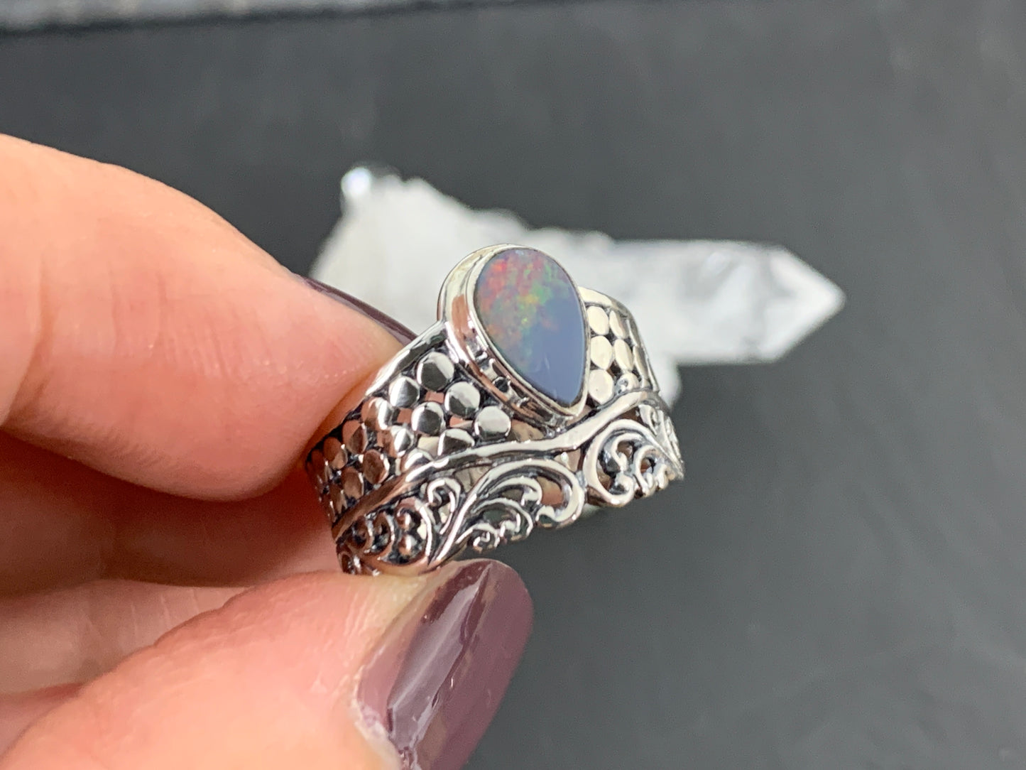 Sterling Silver Australian Opal Ring - Wide Band Statement Ring - size 6 US