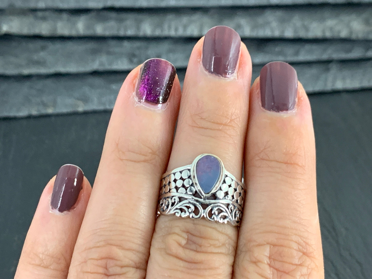 Sterling Silver Australian Opal Ring - Wide Band Statement Ring - size 6 US