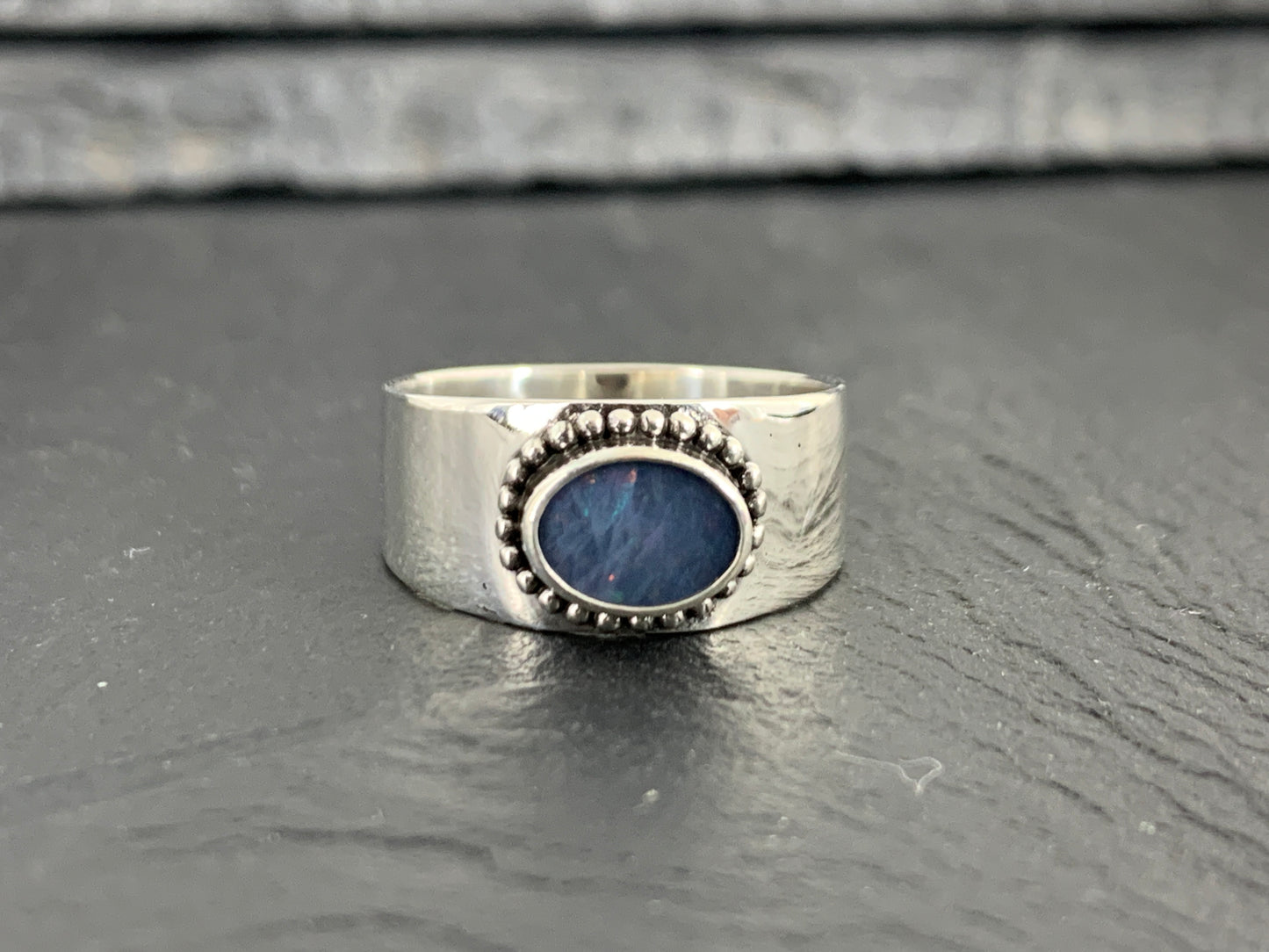 Sterling Silver Australian Opal Ring - Wide Band Statement Ring - Blue Oval Opal size 6 US