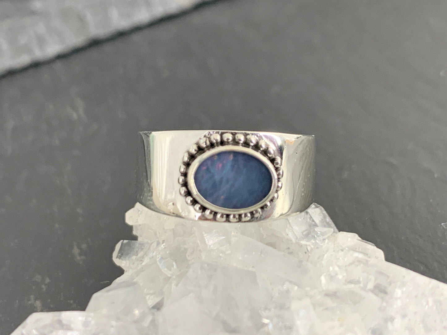 Sterling Silver Australian Opal Ring - Wide Band Statement Ring - Blue Oval Opal size 6 US