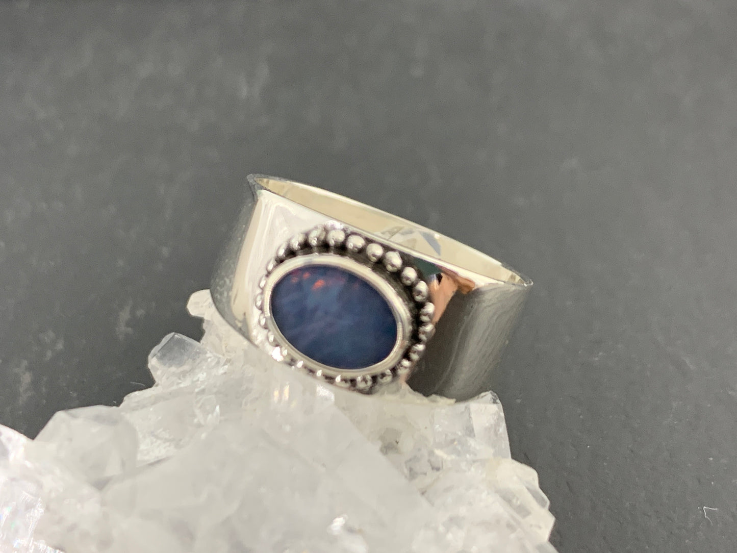 Sterling Silver Australian Opal Ring - Wide Band Statement Ring - Blue Oval Opal size 6 US