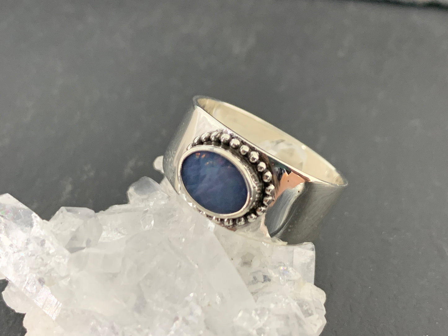 Sterling Silver Australian Opal Ring - Wide Band Statement Ring - Blue Oval Opal size 6 US