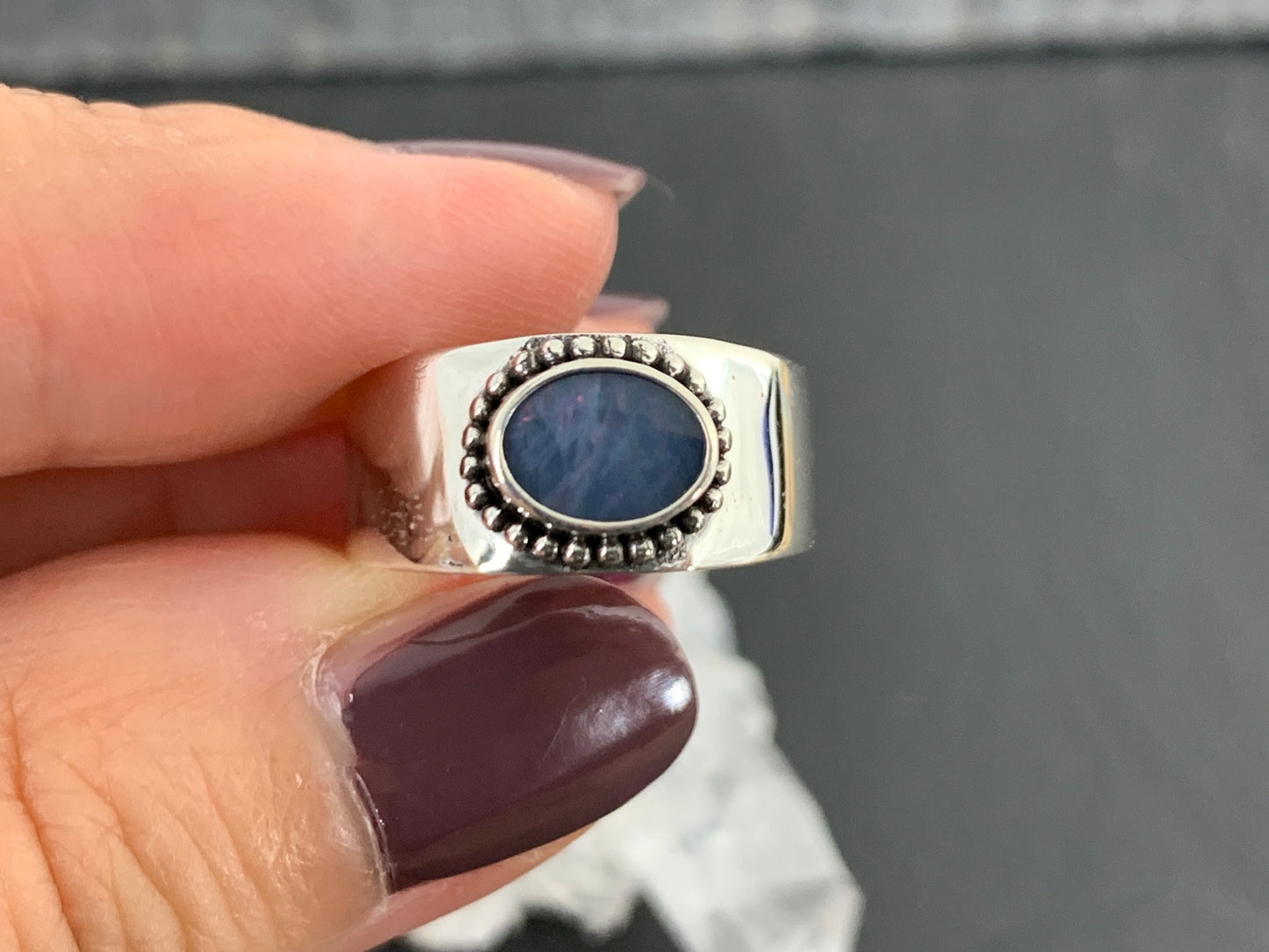 Sterling Silver Australian Opal Ring - Wide Band Statement Ring - Blue Oval Opal size 6 US