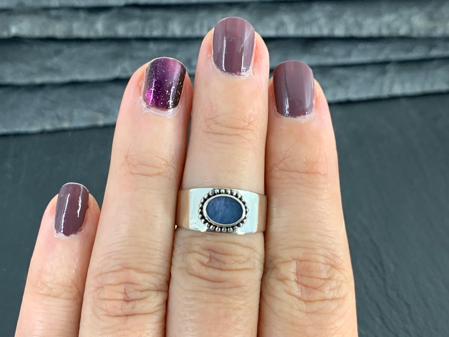 Sterling Silver Australian Opal Ring - Wide Band Statement Ring - Blue Oval Opal size 6 US