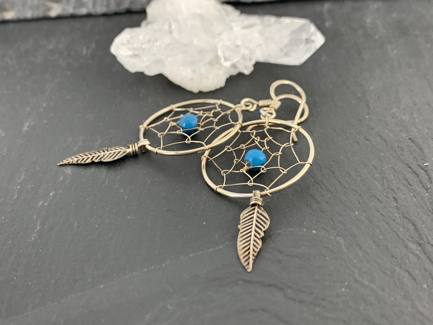 Handmade Dreamcatcher Earrings with Turquoise Bead and Feather Charm – Boho Tribal Style Jewelry