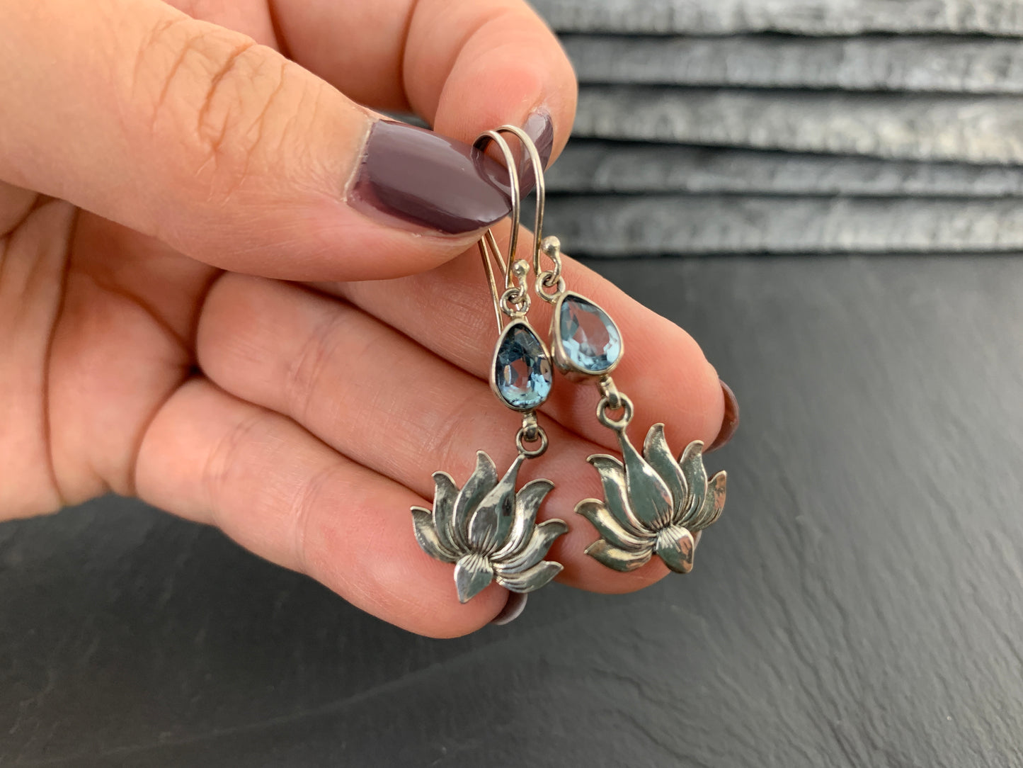 Sterling Silver Lotus Flower Earrings with Blue Topaz | Teardrop Gemstone Dangle Earrings