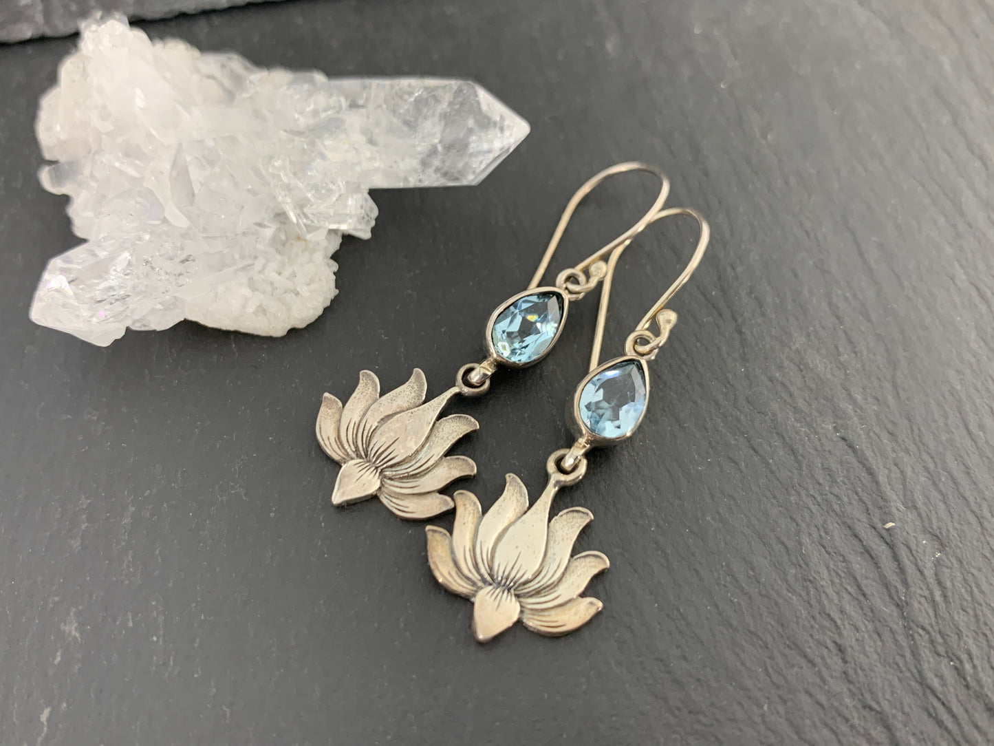 Sterling Silver Lotus Flower Earrings with Blue Topaz | Teardrop Gemstone Dangle Earrings