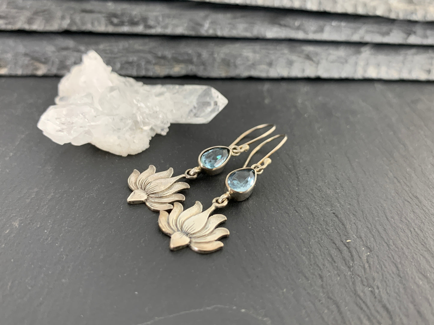 Sterling Silver Lotus Flower Earrings with Blue Topaz | Teardrop Gemstone Dangle Earrings