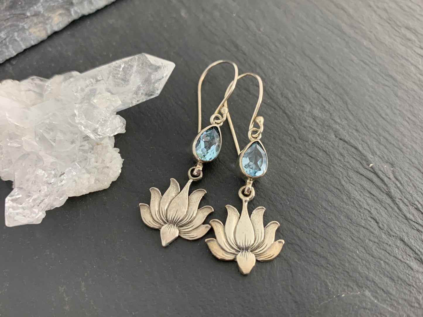 Sterling Silver Lotus Flower Earrings with Blue Topaz | Teardrop Gemstone Dangle Earrings