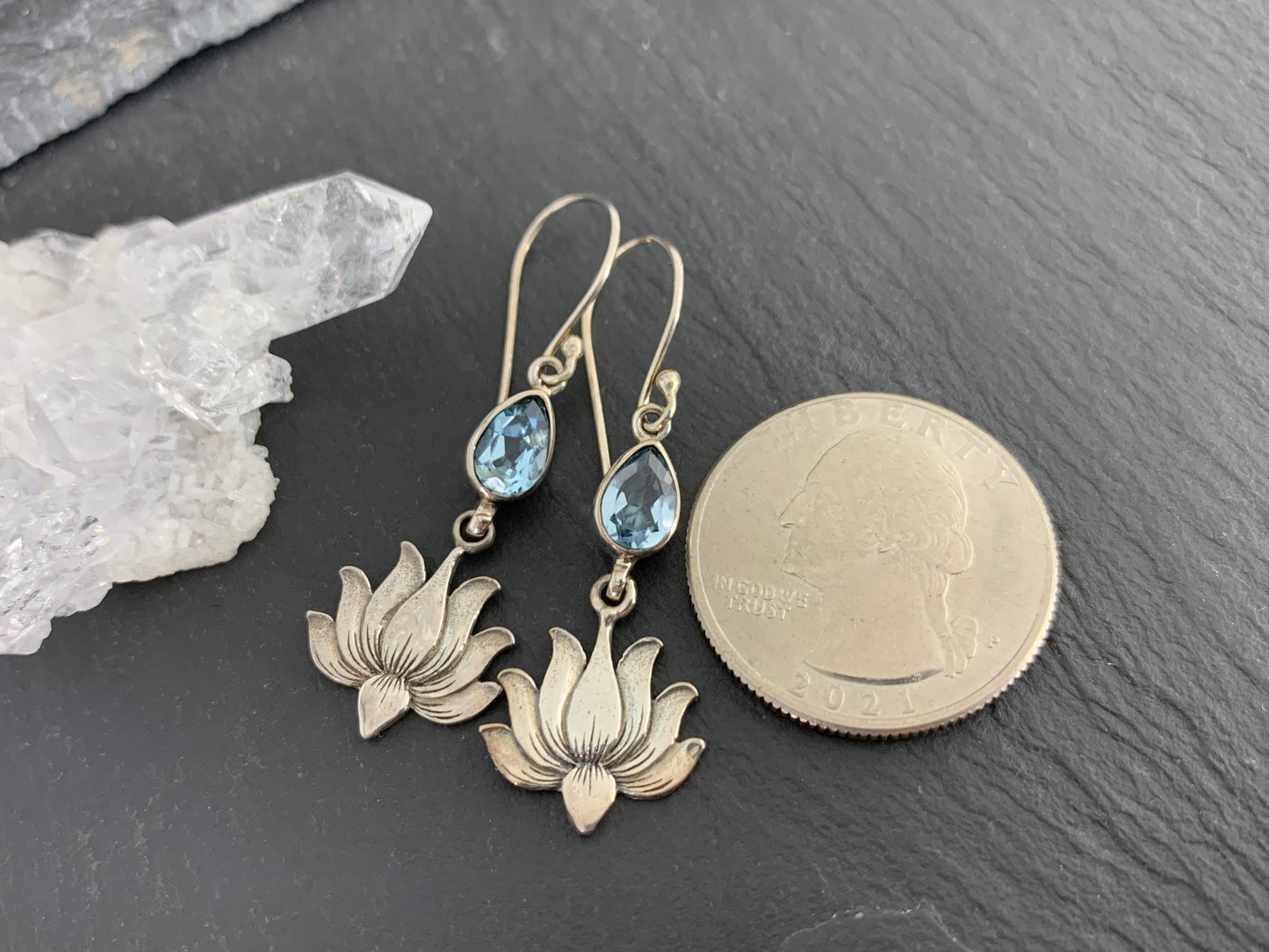 Sterling Silver Lotus Flower Earrings with Blue Topaz | Teardrop Gemstone Dangle Earrings