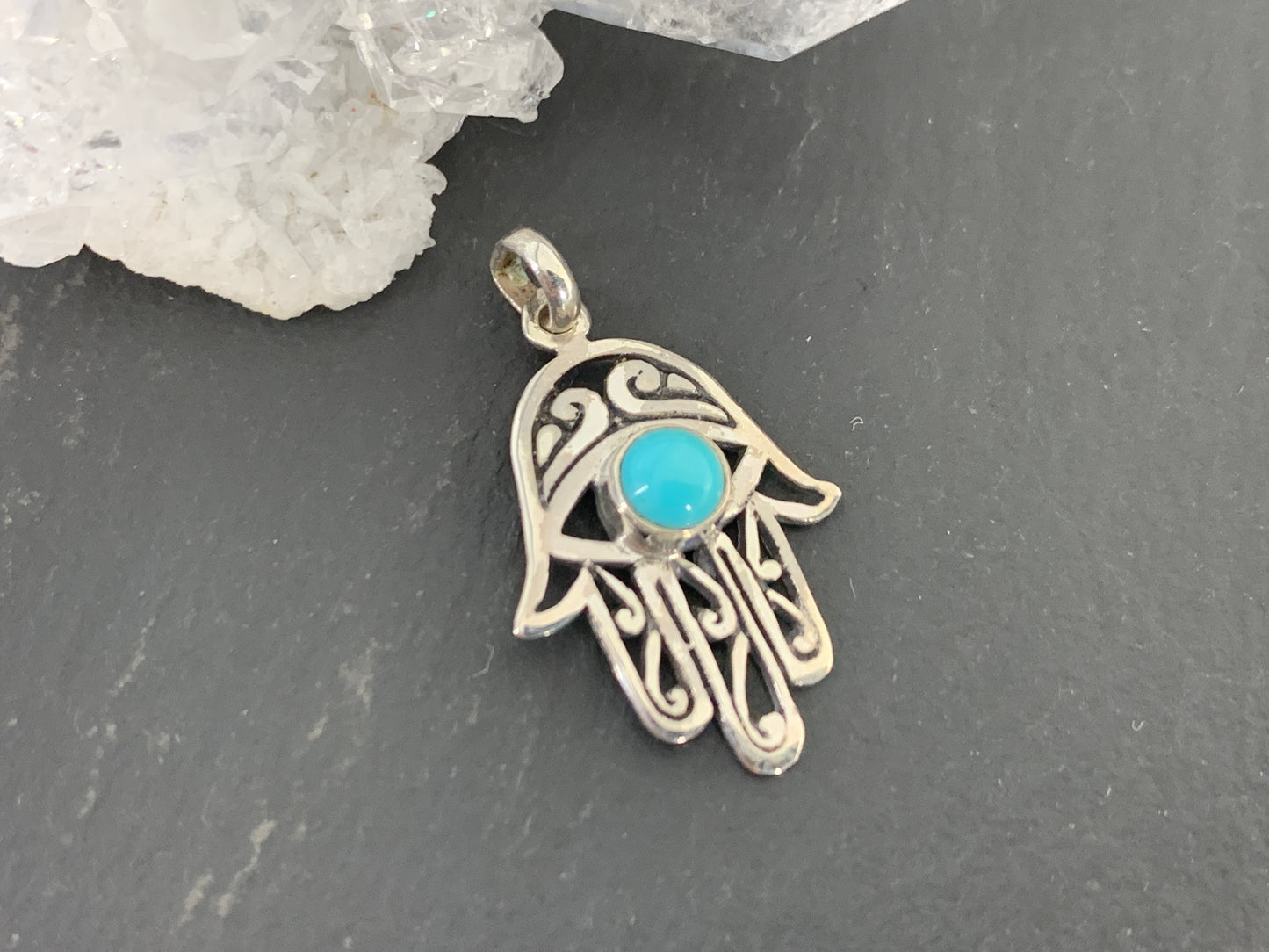 Silver Hamsa Hand Pendant with Turquoise Stone – Protection Amulet Necklace Charm