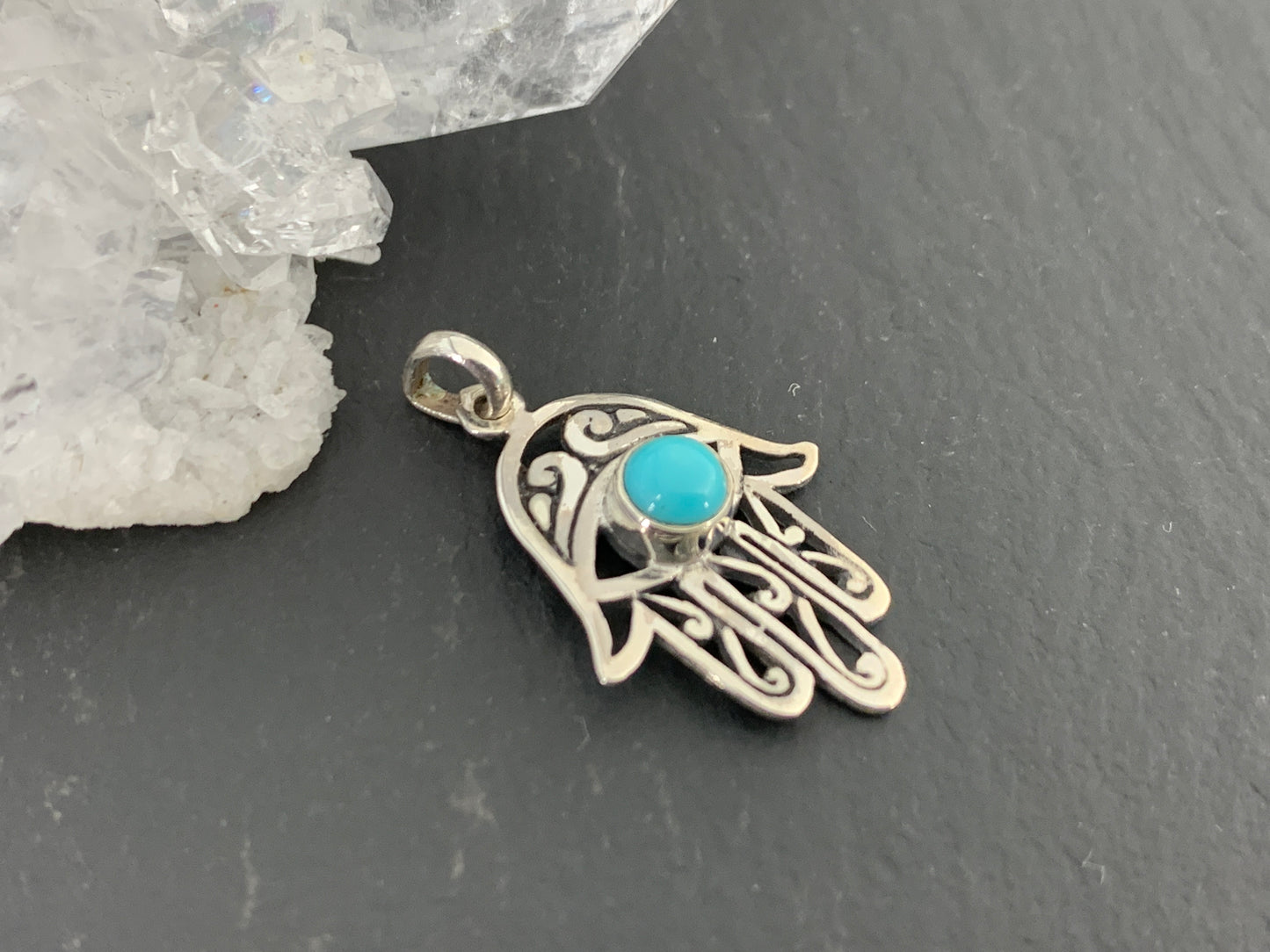 Silver Hamsa Hand Pendant with Turquoise Stone – Protection Amulet Necklace Charm