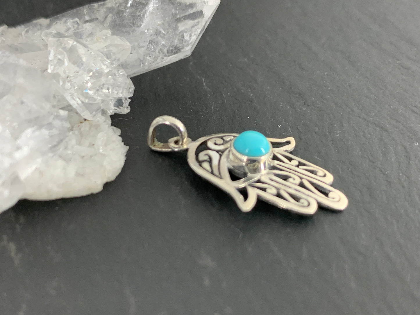Silver Hamsa Hand Pendant with Turquoise Stone – Protection Amulet Necklace Charm