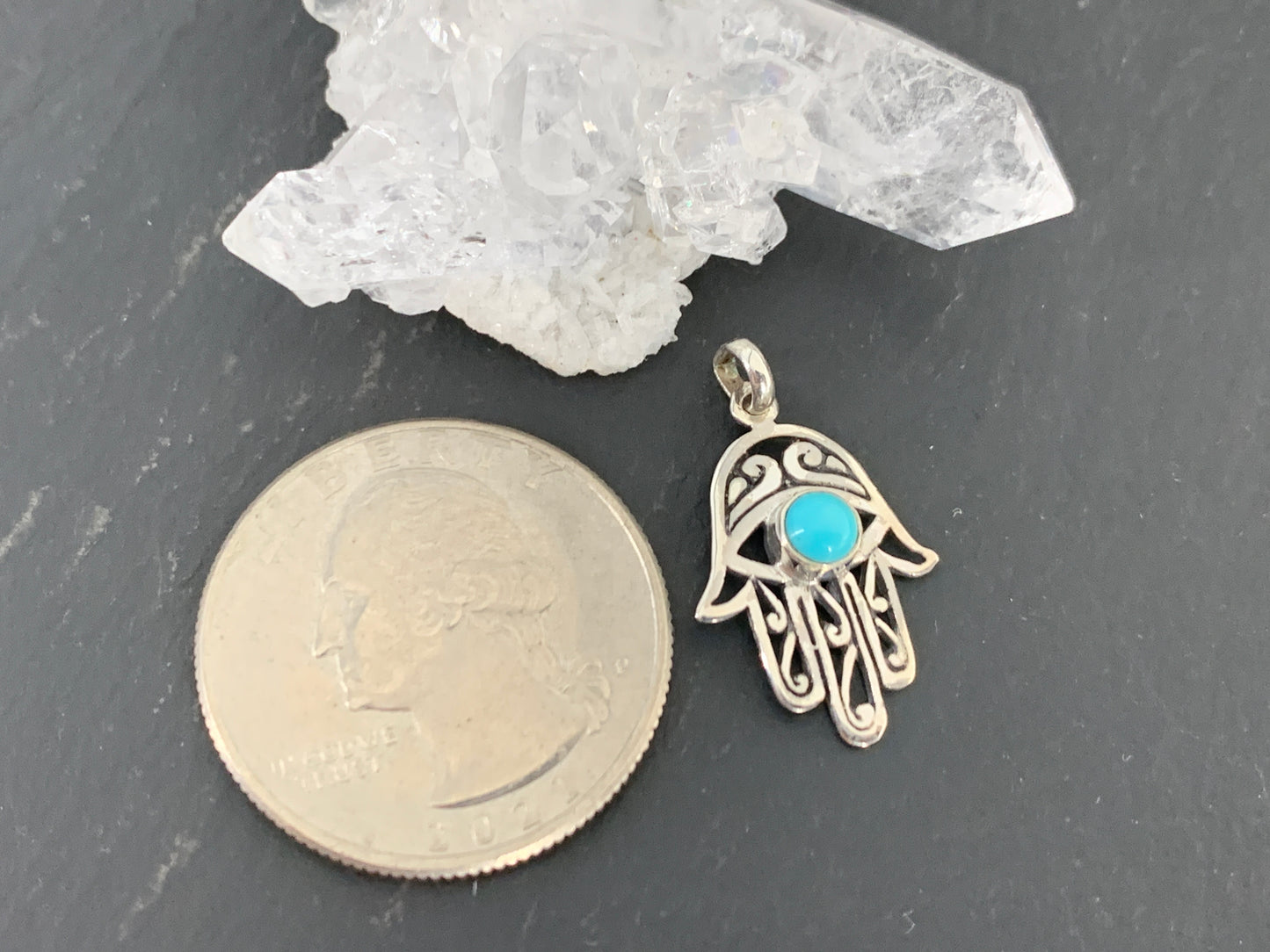Silver Hamsa Hand Pendant with Turquoise Stone – Protection Amulet Necklace Charm