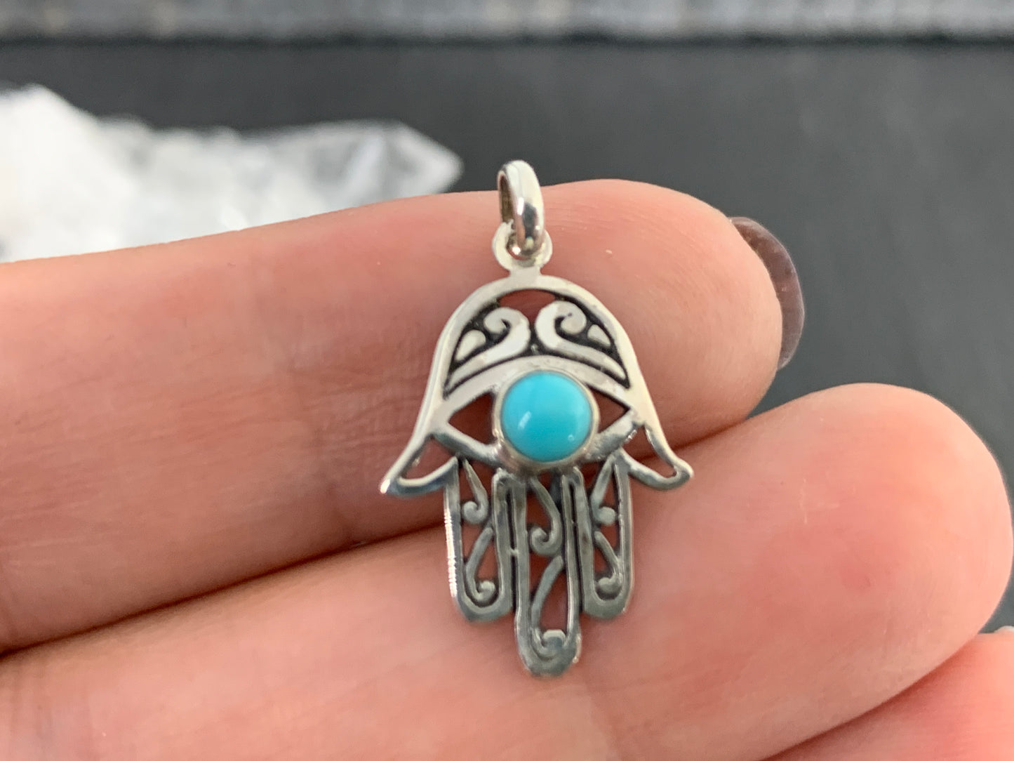 Silver Hamsa Hand Pendant with Turquoise Stone – Protection Amulet Necklace Charm