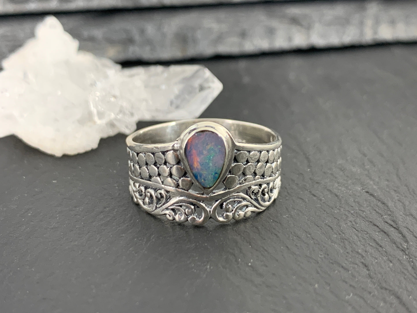 Sterling Silver Australian Opal Ring - Wide Band Statement Ring - size 10 US